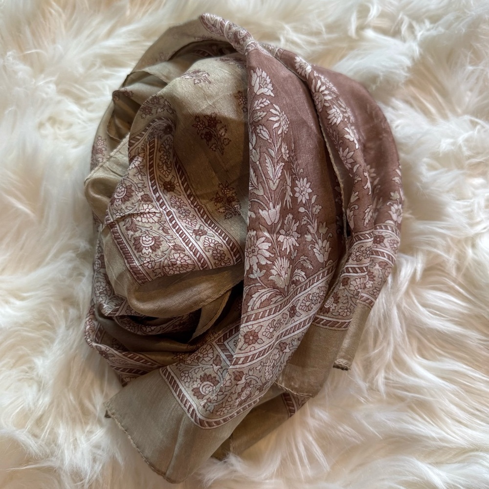 100% Pure Silk Floral Scarf | Golden Tan & Mauve Pink-ish 20" x 68" Spring Piece - Picture 4 of 9